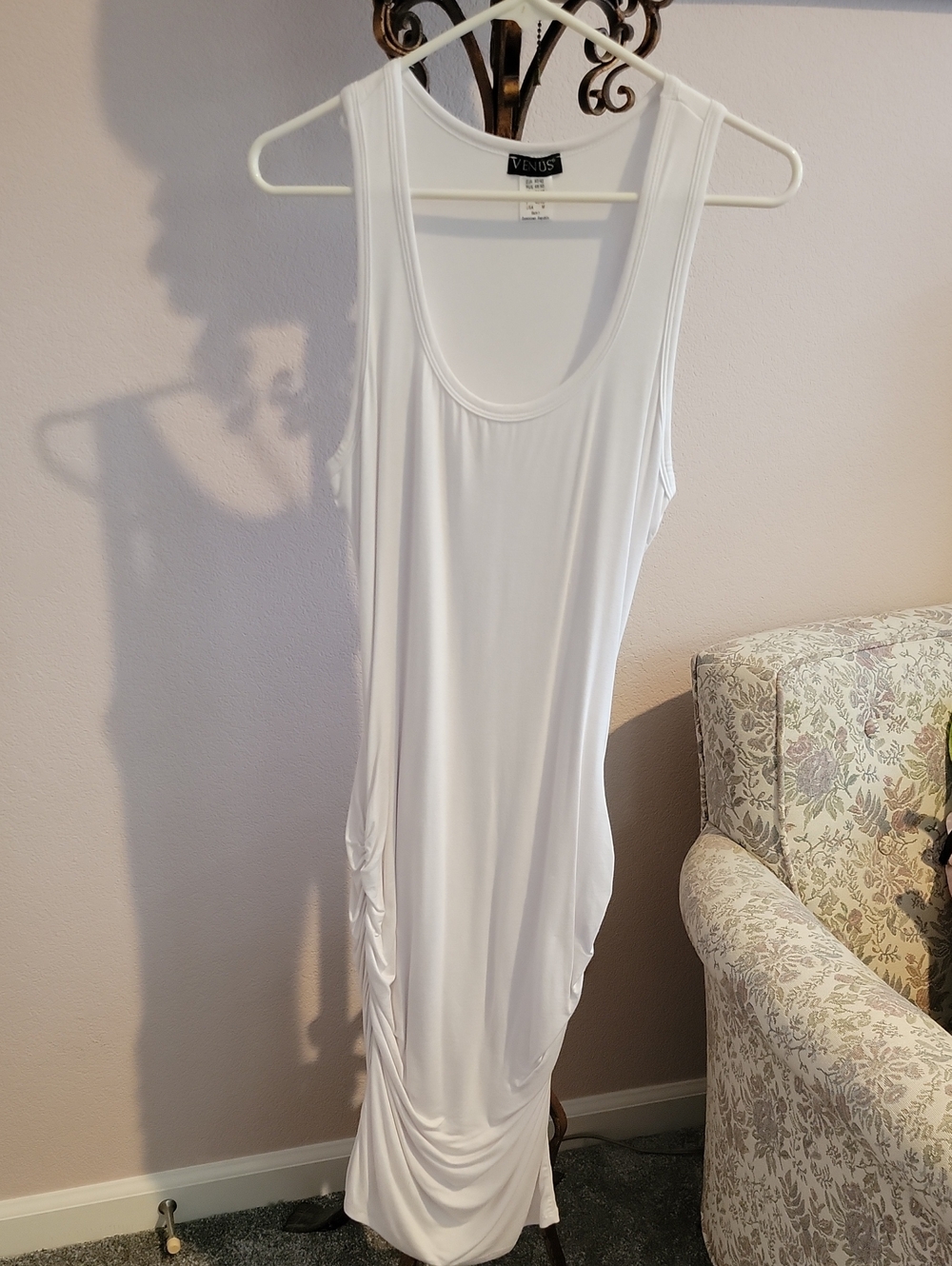 VENUS White Scoop Neck Racerback Sleeveless Ruched Tank Dress
